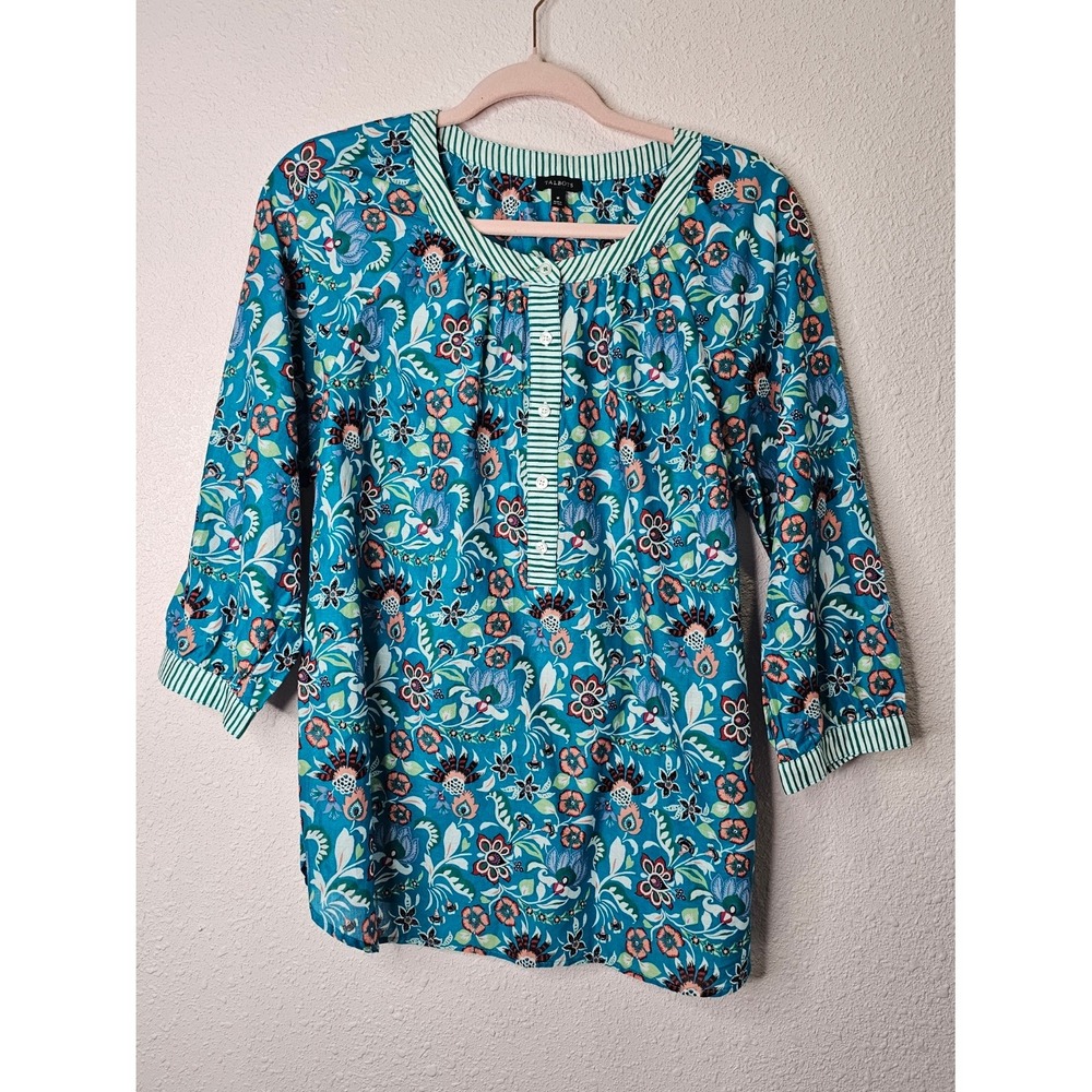 Talbots Womens Teal Blue Floral Striped Cotton Lightweight Blouse Top Colorful M